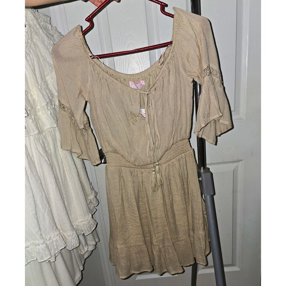 Pink Lily Women’s Beige Mini Dress S Scoop Neck Tie Ruffle Flutter Sleeves